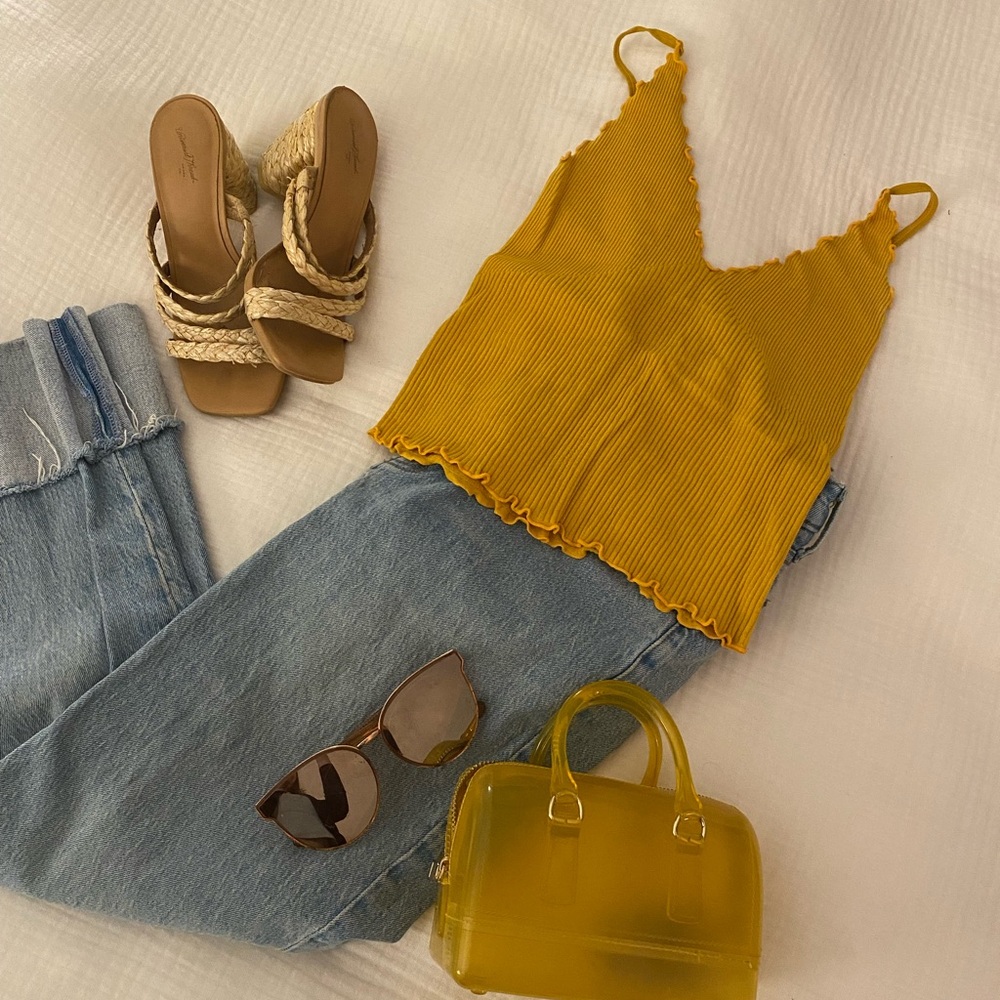 Yellow Ribbed Tank Top with Adjustable Straps